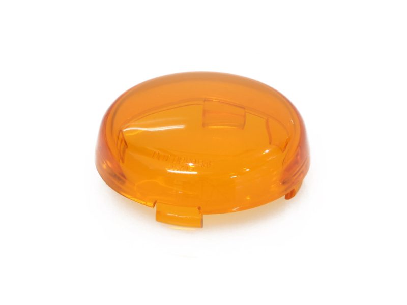 Bright orange motorcycle turn signal lens cap, compatible with Revelry Motorcycles.