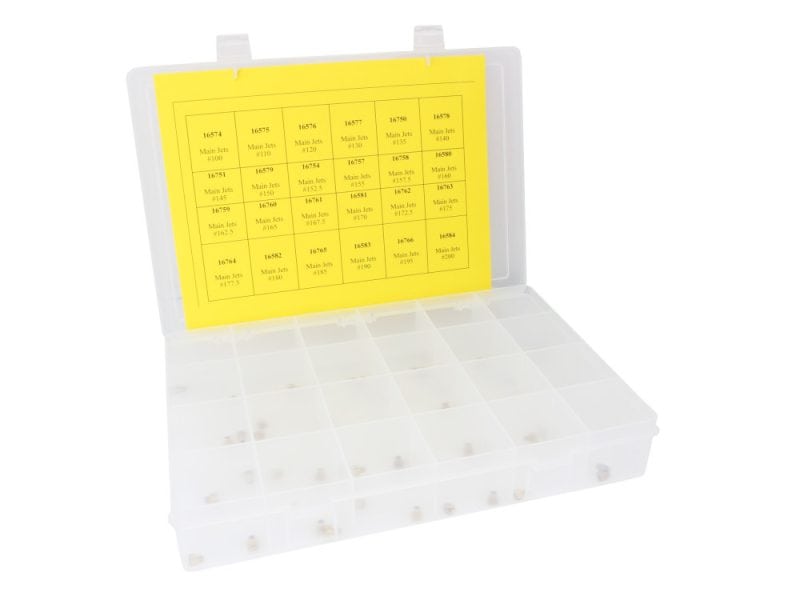 Mikuni Main Jet Assortment Jet Kit - 24 Sizes. Small motorcycle jet assortment case with multiple jets for motorcycle tuning and maintenance.