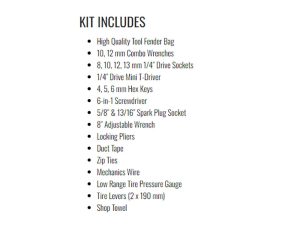 Premium motorcycle tool kit with wrenches, sockets, screwdrivers, and tyre pressure gauge for motorbike maintenance.