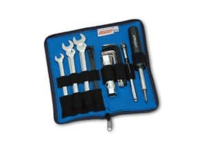 Precision motorcycle tool kit for repairs and maintenance, includes wrenches, screwdrivers, and hex keys.