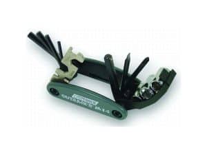 Hex key multi-tool with bike chain tools and Allen keys for motorcycle maintenance and repairs.