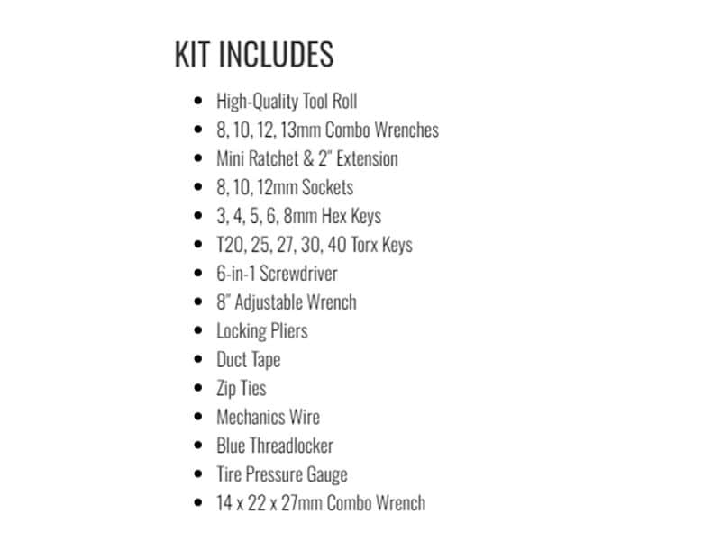 Revelry Motorcycles tool kit, motorcycle repair set with wrenches, sockets, and screwdrivers for maintenance.