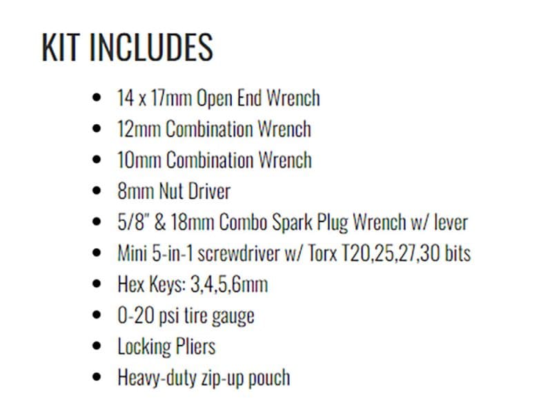 High-quality motorcycle tools kit for Revelry Motorcycles Australia, including wrenches, screwdrivers, and tire gauges.