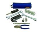 Tools and accessories kit for motorcycle maintenance and repair.