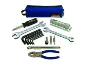 Tools and accessories kit for motorcycle maintenance and repair.