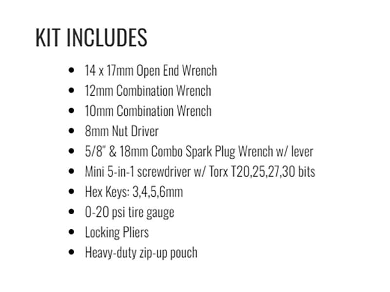 High-quality motorcycle tools kit with wrenches, screwdrivers, and tire gauge for Revelry Motorcycles enthusiasts.