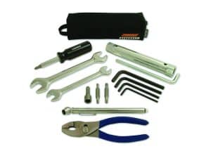 Robust motorcycle toolkit with wrenches, screwdrivers, Allen keys, and pliers for bike repairs.