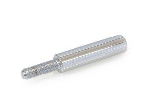 Chrome motorcycle handlebar riser bolt component.