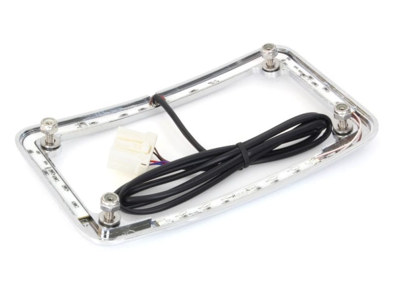 LED motorcycle license plate light with wiring harness for Revelry Motorcycles.