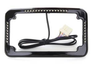 LED motorcycle license plate light frame with wiring harness for Revelry Cycles bikes.