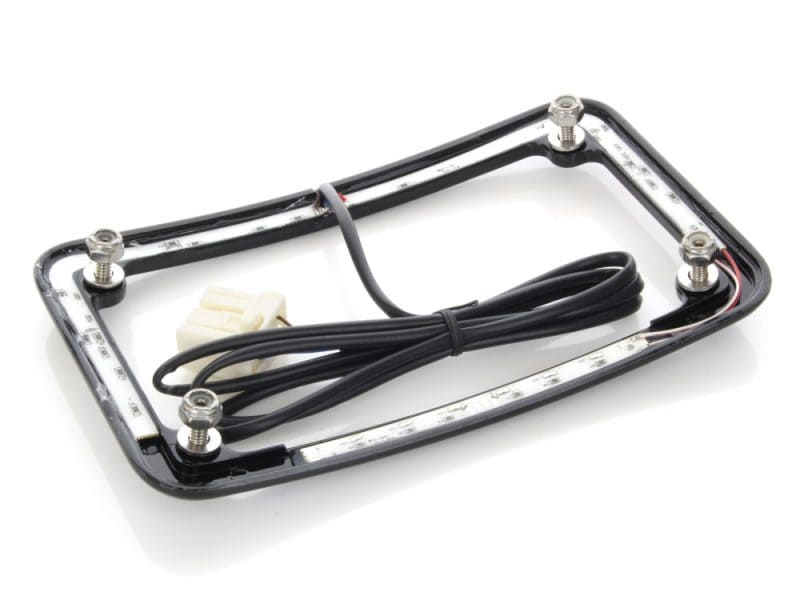 High-quality motorcycle LED license plate frame with integrated wiring for Revelry Motorcycles.