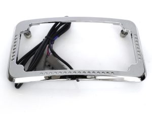 Chrome motorcycle license plate light mount with wiring for Revelry Motorcycles.