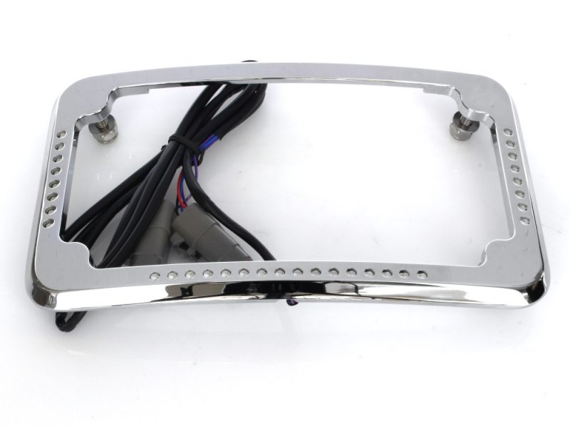 Curved Slick Signal Run Chrome motorcycle license plate light mount with wiring for Revelry Motorcycles.