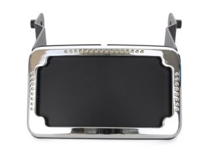 Sleek motorcycle LED headlight with chrome finish and adjustable brackets.