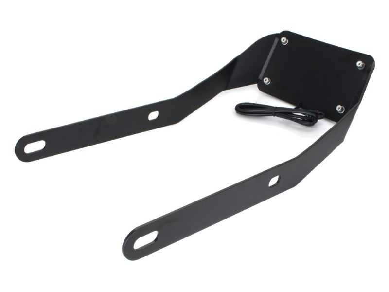 Heavy-duty motorcycle license plate bracket with integrated LED light for Revelry Motorcycles in Australia.