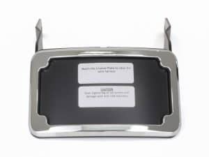 Chrome motorcycle license plate holder with warning labels, designed for Revelry Motorcycles.