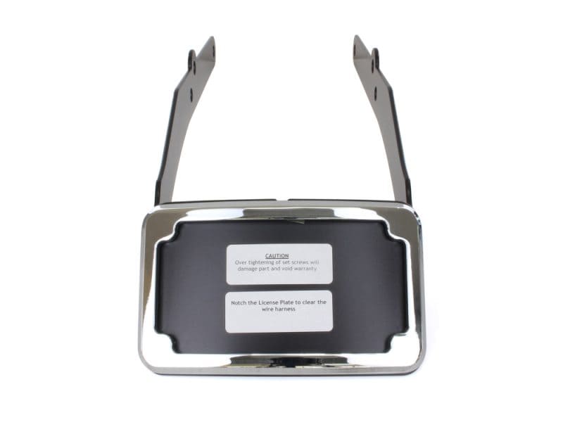 Chrome motorcycle license plate holder with wiring instructions for Revelry Motorcycles.