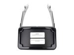 Aluminium motorcycle license plate holder with mounting brackets and warning labels.