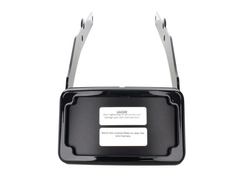 Aluminium motorcycle license plate holder with mounting brackets and warning labels.