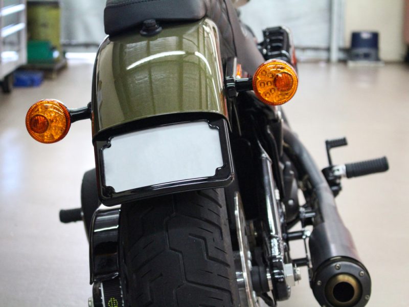 V-twin cruiser motorcycle with rear fender, turn signals, and wide rear tire.