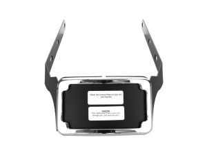 Chrome motorcycle license plate holder, durable metal construction for Revelry Motorcycles.