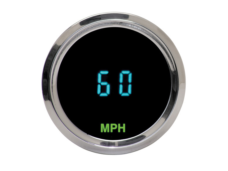 2-1/16in. Round Mini KPH Speedometer. Digital motorcycle speedometer displaying 60 MPH, chrome finish, used for bike speed monitoring.