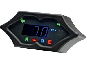 Digital motorcycle display with speed, indicator, and alert icons.