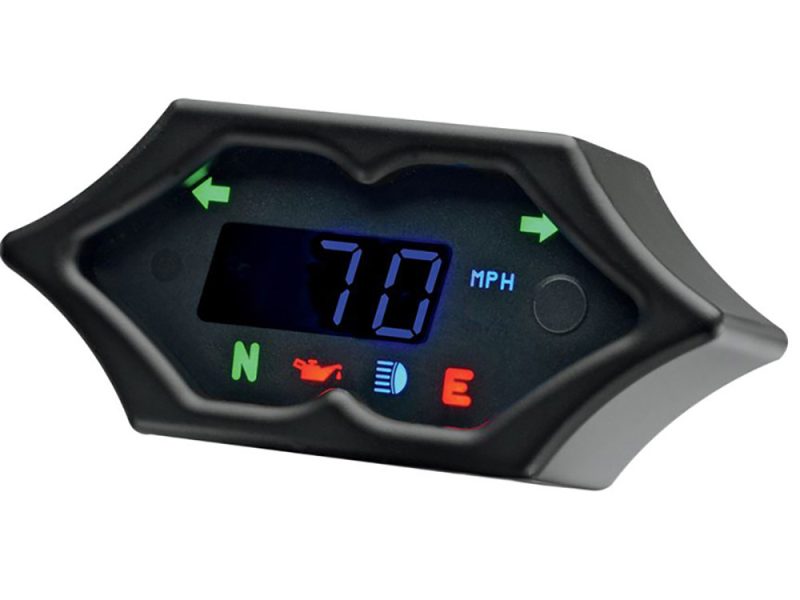 4-1/4in. x 2in. Spike KPH Speedometer - Black. Digital motorcycle display with speed, indicator, and alert icons.