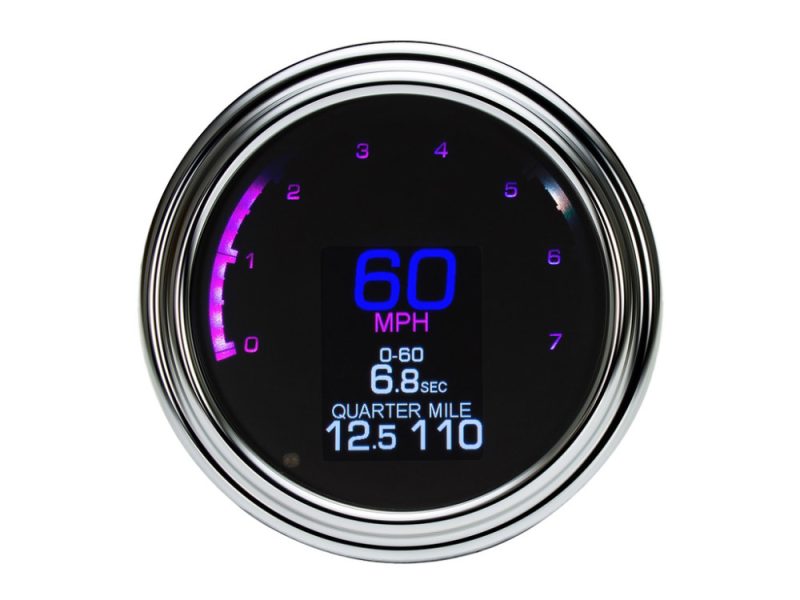 Digital motorcycle speedometer display showing 60 MPH with odometer readings and quarter mile info.