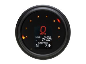 Digital motorcycle speedometer display with gear, clock, and compass features in black and red.
