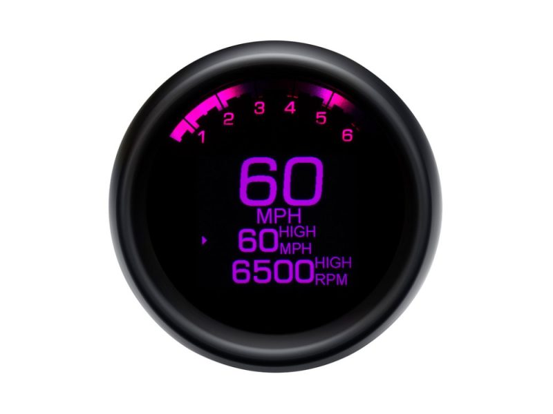Digital motorcycle speedometer with purple backlit display for Revelry Motorcycles enthusiasts.