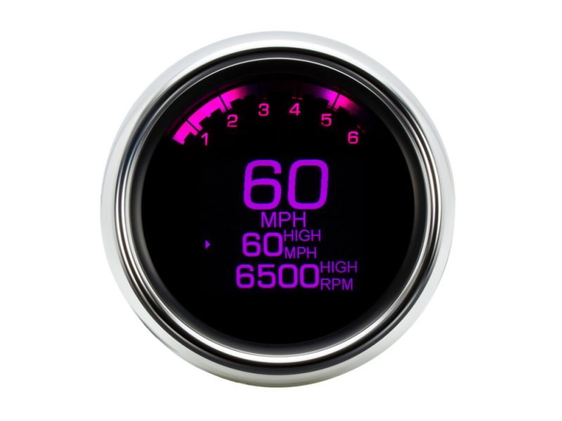Digital motorcycle speedometer display with high visibility LED screen, displaying current speed in MPH and RPM.