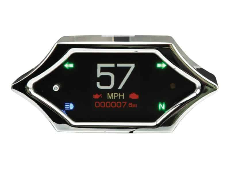 Digital motorcycle speedometer and gear indicator with LED lights.