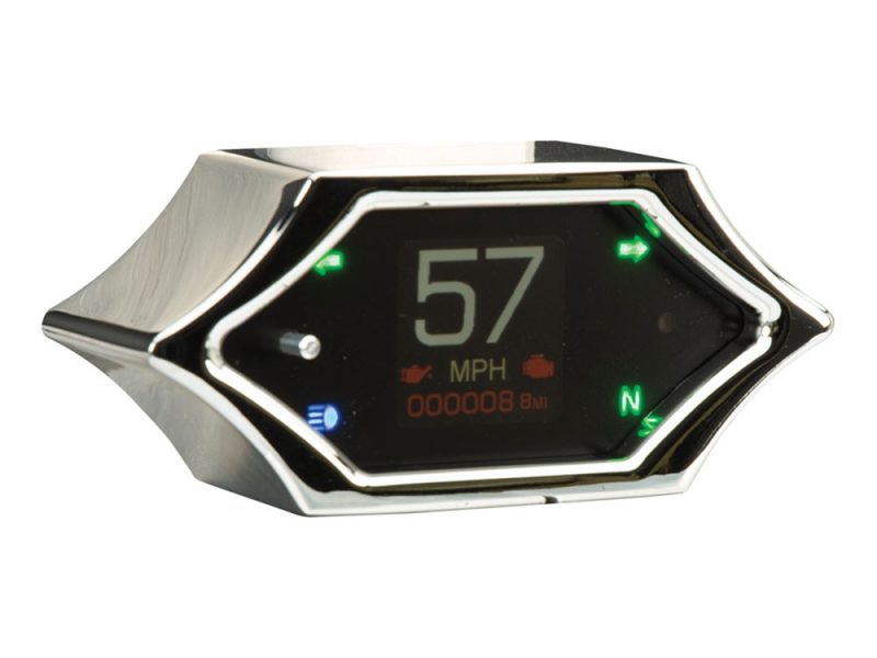 Digital motorcycle speedometer with LED indicators and odometer, ideal for custom motorbike builds.