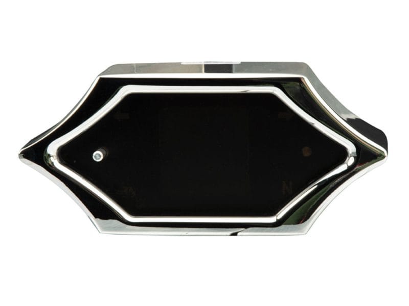 Vintage black and chrome motorcycle speedometer for Revelry Motorcycles.