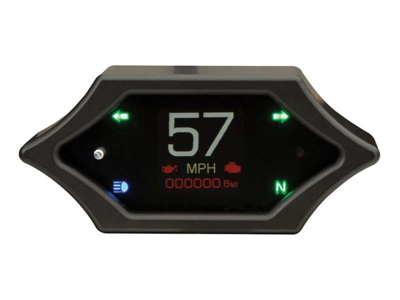 Digital motorcycle speedometer with navigation lights and odometer, suitable for Revelry Motorcycles.