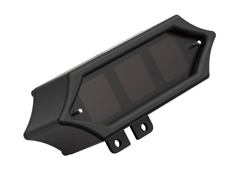 Digital motorcycle dashboard with LCD display for Revelry Motorcycles, durable black weatherproof design.