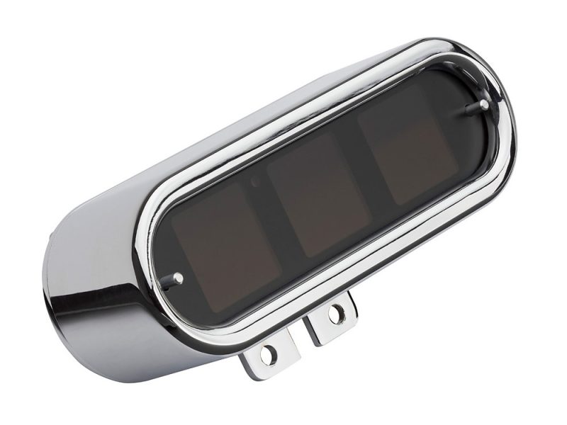 Chrome motorcycle speedometer with black display for Revelry Motorcycles.