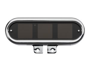 High-performance motorcycle speedometer with black display and chrome accents.