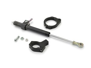 High-performance motorcycle steering damper from Revelry Motorcycles, designed for optimal bike handling.