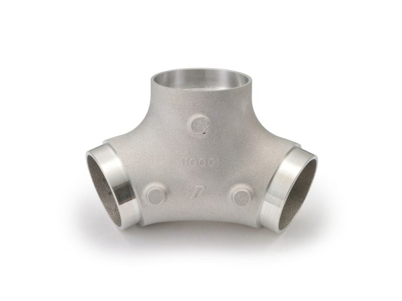 Aluminium motorcycle T-junction fitting for motorcycle exhaust systems.