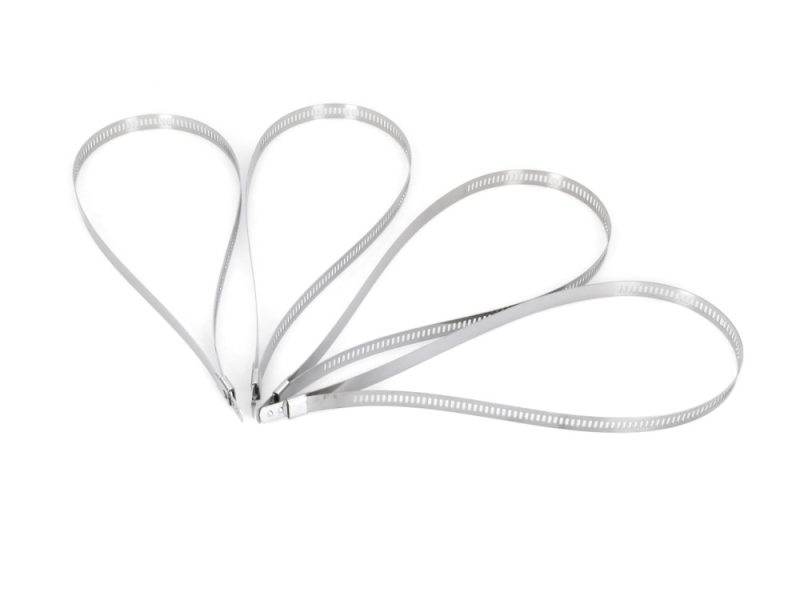 1/4in. Wide x 14in. Long Stainless Low Profile Ladder Tie - Pack of 4 Flexible metal cable tie, ideal for motorcycle accessories and maintenance.