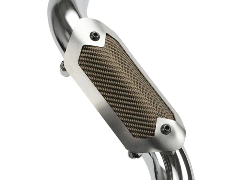 High-performance motorcycle exhaust with carbon fiber detail and stainless steel finish.