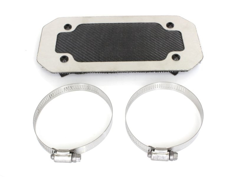 8in. Universal Flexible Exhaust Heatshield - Brushed / Onyx Black. High-performance motorcycle engine heat shield with mounting clamps for Revelry Motorcycles Australia.