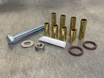 Metal motorcycle parts with brass tubes, bolts, nuts, washers, and O-rings for custom bike repairs and upgrades.