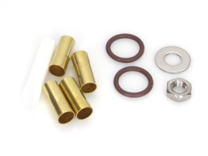 Metal motorcycle engine parts, including bushings, washers, and nuts for Revelry Motorcycles.