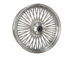 Shiny chrome motorcycle wire-spoked wheel for vintage or custom bikes.