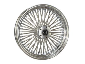 Shiny chrome motorcycle wire-spoked wheel for vintage or custom bikes.
