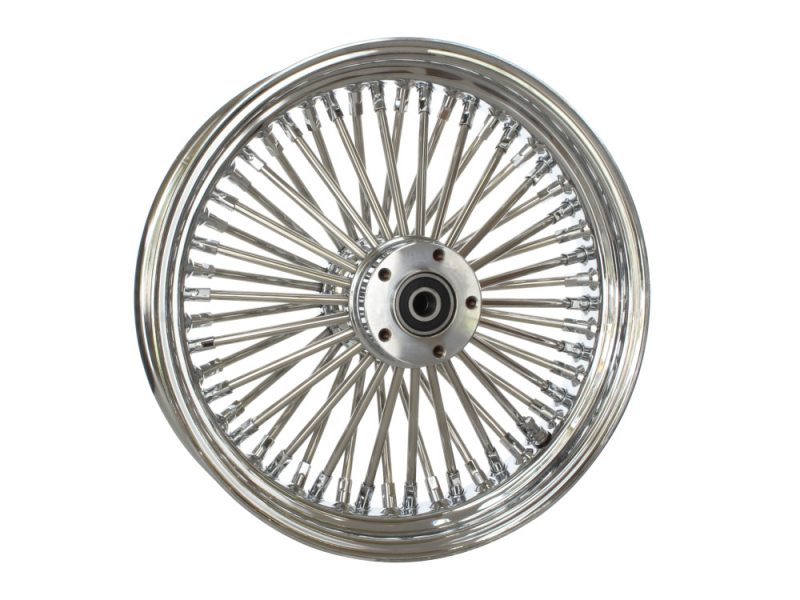 16in. x 3.5in. Mammoth Fat Spoke Rear Wheel - Chrome. Fits Softail 2000-2007 Shiny chrome motorcycle wire-spoked wheel for vintage or custom bikes.