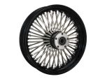 Spoked motorcycle wheel with black rim and metal spokes.